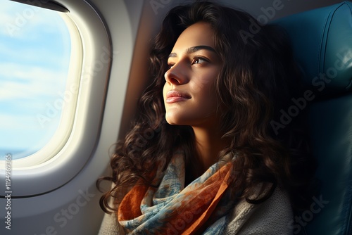 Traveling through clouds, a young woman gazes out the airplane window. Generative AI photo