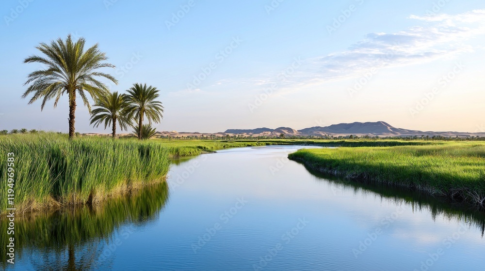 Fototapeta premium Serene River Landscape with Palm Trees