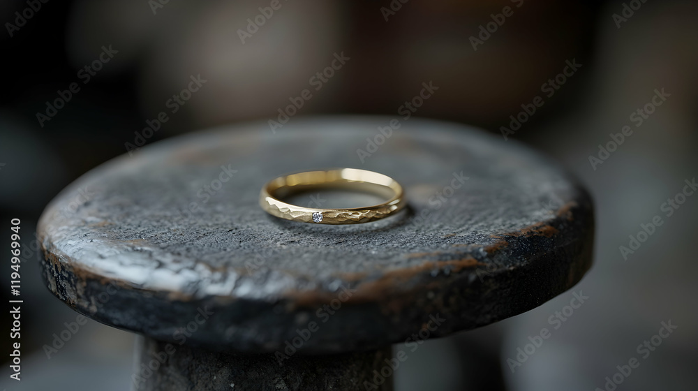 A delicate gold band with a single diamond rests on a rustic, aged metal surface. The image evokes a feeling of craftsmanship and timeless elegance. A delicate gold band with a single diamond rests on a rustic, aged metal surface. The image evokes a feeling of craftsmanship and timeless elegance.