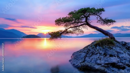 Serene sunset over a tranquil lake with a lone tree.