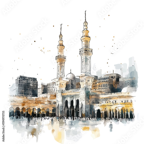 A watercolor of Al-Masjid al-Haram, isolated on a white background. Al-Masjid al-Haram vector.
