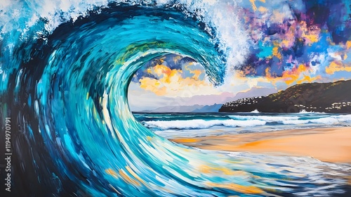 Vibrant Seascape Painting with Abstract Ocean Wave