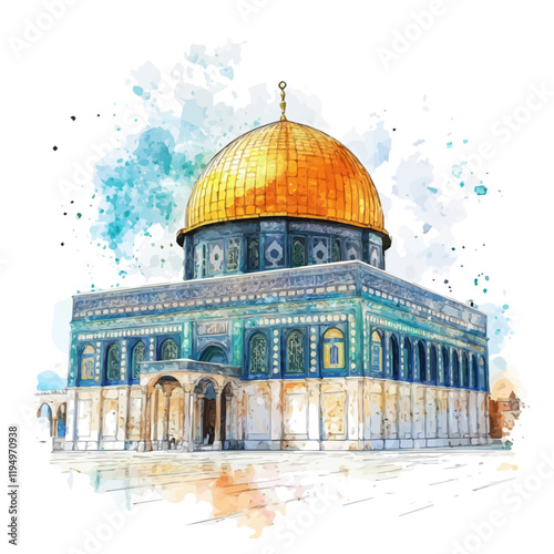 A watercolor drawing of Al-Aqsa Mosque, isolated on a white background. Al-Aqsa Mosque vector.
