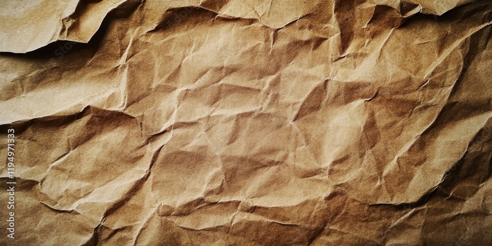 Crumpled brown paper texture with deep creases and uneven surface in earthy tones creating a rustic and vintage appearance for backgrounds. Crumpled brown paper texture with deep creases and uneven surface in earthy tones creating a rustic and vintage appearance for backgrounds.
