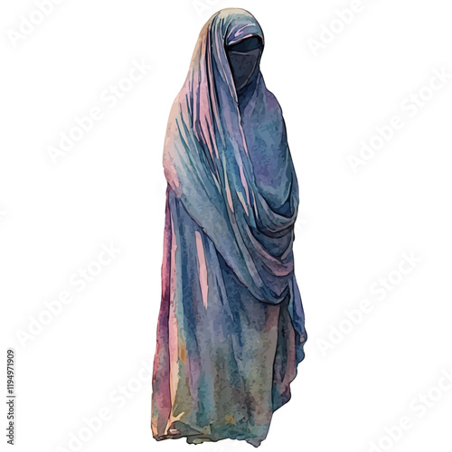 A watercolor painting of abaya from the Arabian Peninsula, isolated on a white background. Abaya from the Arabian Peninsula vector.
