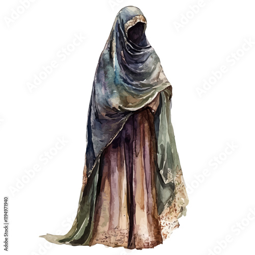 A watercolor painting of abaya from the Arabian Peninsula, isolated on a white background. Abaya from the Arabian Peninsula vector.
