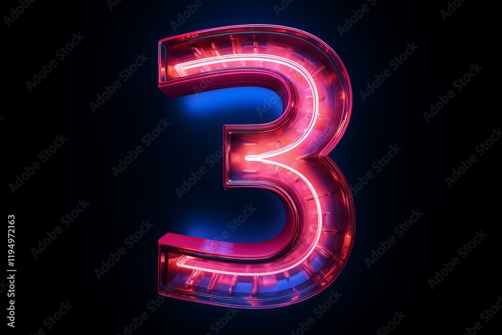 Brightly glowing neon number three on a dark backdrop creates a vibrant atmosphere. Generative AI Brightly glowing neon number three on a dark backdrop creates a vibrant atmosphere. Generative AI