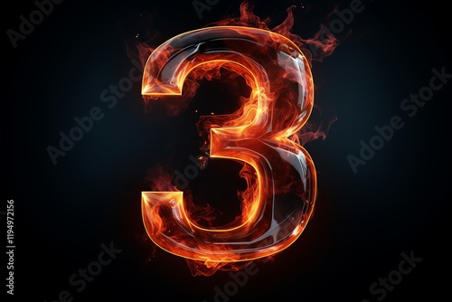 Flaming number three glowing against a dark backdrop in a striking display. Generative AI