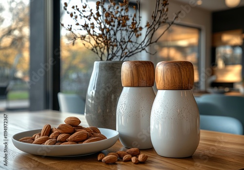 Modern Scandinavian Design with White Vases, Wooden Accents, and a Plate of Almonds on a Sleek Wooden Table