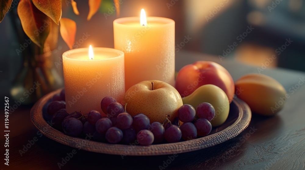 Obraz premium A cozy arrangement of flickering candles and fresh fruits on a decorative plate, creating a warm and inviting ambiance perfect for relaxation.