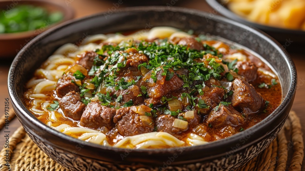 A traditional Kazakh beshbarmak features succulent pieces of meat simmered in rich broth, served atop perfectly hand-rolled noodles. Finished with fresh herbs, it embodies culinary heritage A traditional Kazakh beshbarmak features succulent pieces of meat simmered in rich broth, served atop perfectly hand-rolled noodles. Finished with fresh herbs, it embodies culinary heritage