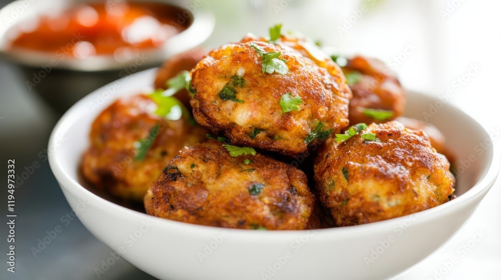 Deep-fried pork fritters paired with a rich tomato chutney Deep-fried pork fritters paired with a rich tomato chutney