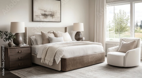 Stylish Bedroom Design Showcasing a Comfortable Bed, Contemporary Furniture, and Soft, Neutral Decor in a Bright and Inviting Atmosphere