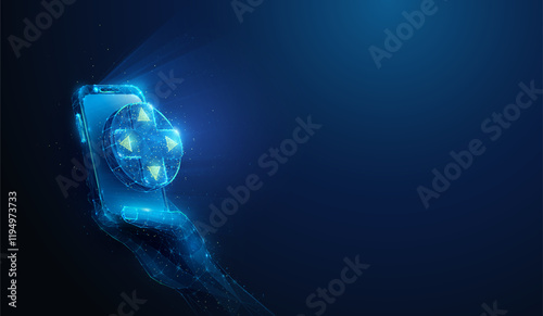 Abstract illustration of low poly gaming controller d-pad on smartphone in hand. Blue geometric background depicting mobile gaming and retro game console emulation concept by wireframe mesh