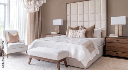 Elegant Bedroom with Plush Bedding, Warm Wood Accents, and Minimalist Decor, Perfectly Lit by Sunlight Streaming Through Large Windows