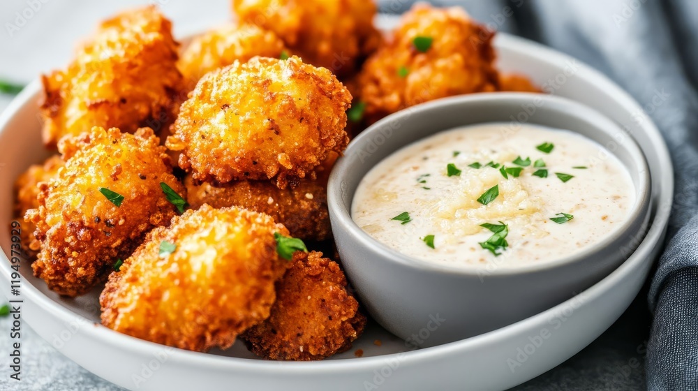 Deep-fried pork nuggets served with a creamy garlic parmesan dip Deep-fried pork nuggets served with a creamy garlic parmesan dip