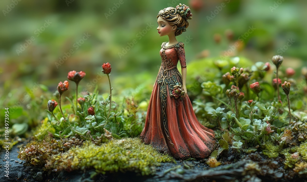 Miniature figure in an elaborate gown surrounded by lush greenery Miniature figure in an elaborate gown surrounded by lush greenery