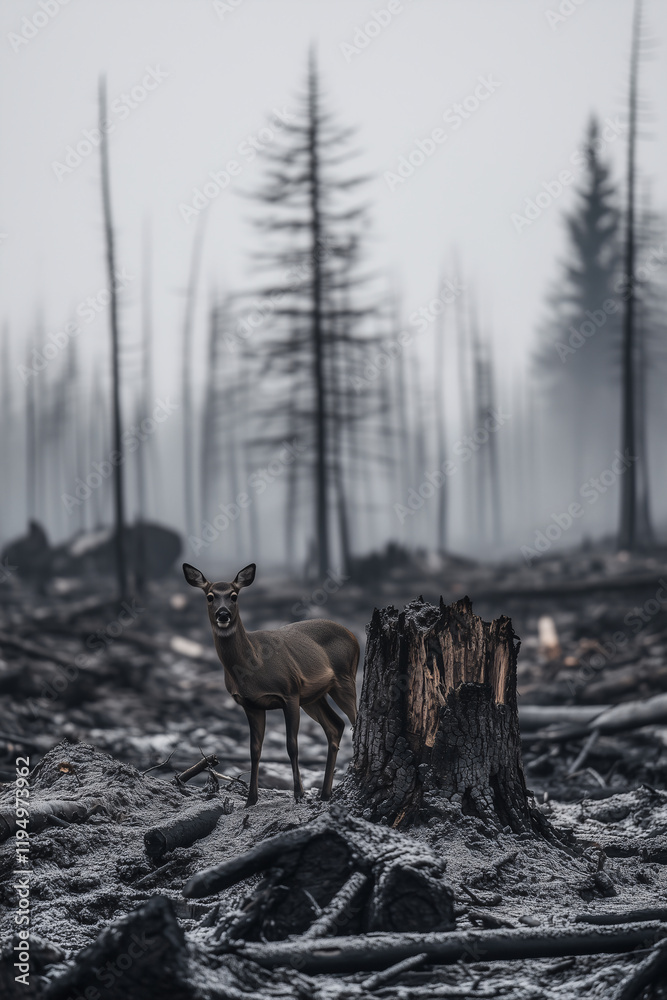 A lone deer amidst a foggy, charred forest with smoldering fires in the background, symbolizing survival after devastation.
