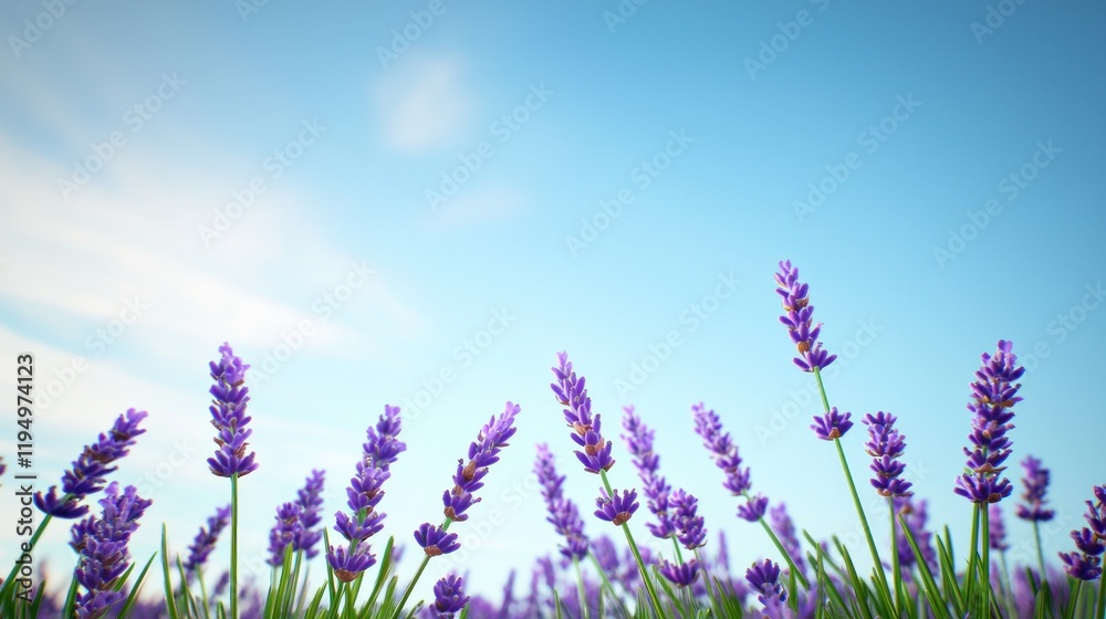 Naklejka premium A field of blooming lavender under a clear blue sky.