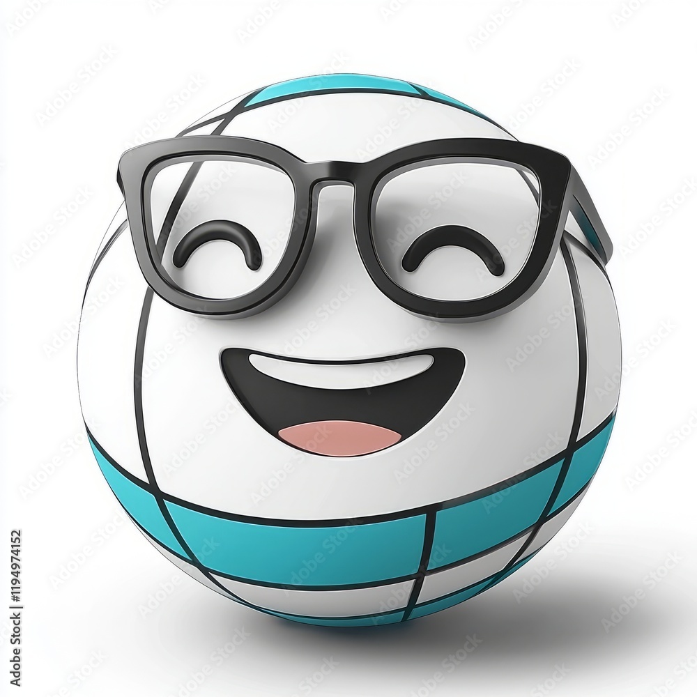 Happy spherical character wearing eyeglasses smiles broadly Happy spherical character wearing eyeglasses smiles broadly