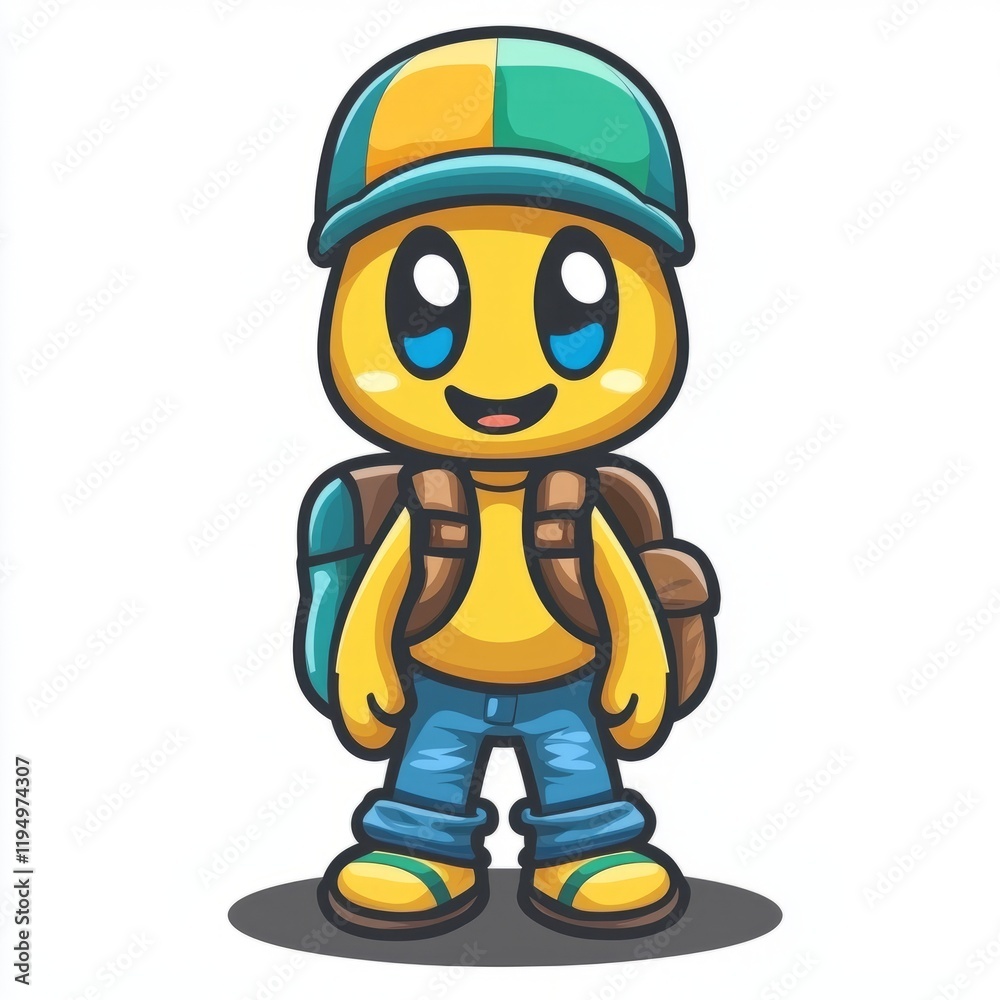 Obraz premium Happy Yellow Traveler With Backpack Goes On Adventure