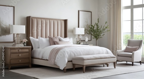Contemporary Bedroom with Neutral Palette, Comfortable Seating, and Sophisticated Accessories, Creating a Tranquil and Relaxing Space