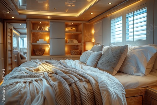 Modern bedroom interior with warm lighting and cozy decor in a luxury yacht cabin photo