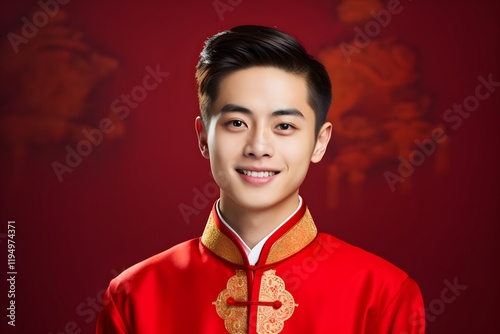 Happy asian man in traditional costume smiling on red background. Chinese New Year, Spring Festival, Lantern Festival, Obon, Qingming , Mid-Autumn Festival, Tet, Seollal. Template with copy space photo