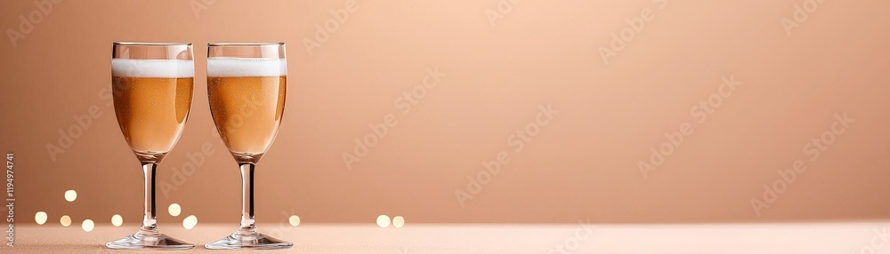 Two elegant glasses of golden beer sit on a soft surface, illuminated against a warm, neutral background. Two elegant glasses of golden beer sit on a soft surface, illuminated against a warm, neutral background.