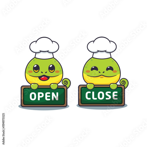 chef chameleon mascot cartoon character with open and close board.