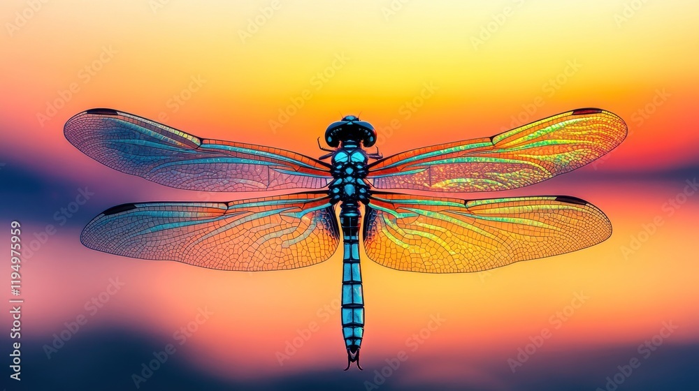 Vibrant dragonfly with iridescent wings against a sunset backdrop. Vibrant dragonfly with iridescent wings against a sunset backdrop.