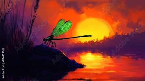 Dragonfly perched on a rock at sunset by a lake.