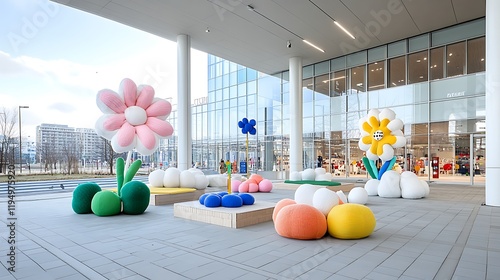 Fototapeta Naklejka Na Ścianę i Meble -  Modern Outdoor Space with Colorful Flower Sculptures and Seating