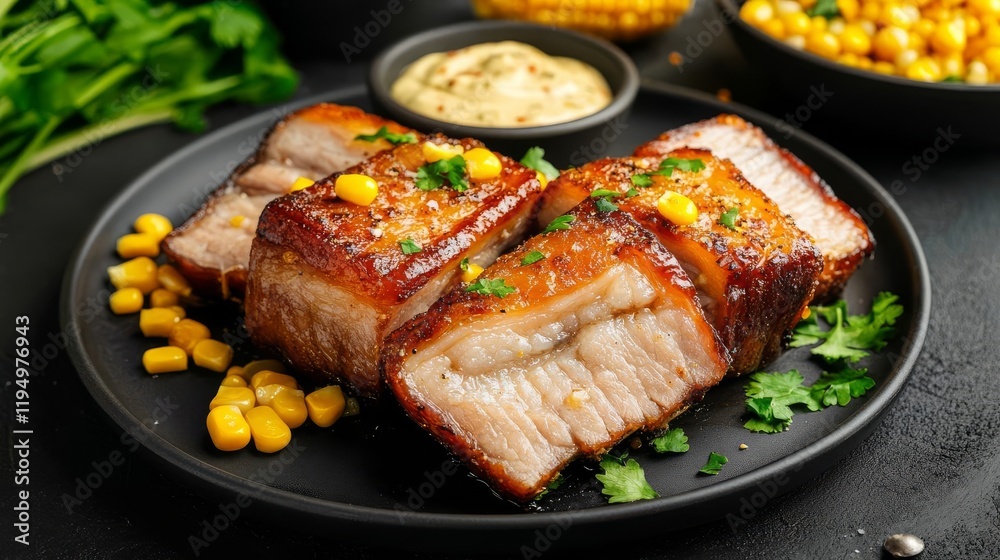 Fried pork belly slices paired with roasted corn and smoky chipotle aioli Fried pork belly slices paired with roasted corn and smoky chipotle aioli