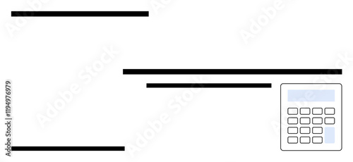 Calculator alongside bold horizontal lines conveys finance, accounting, and calculation concepts. Ideal for budgeting, data processing, minimalism, strategy, research organization. Abstract line