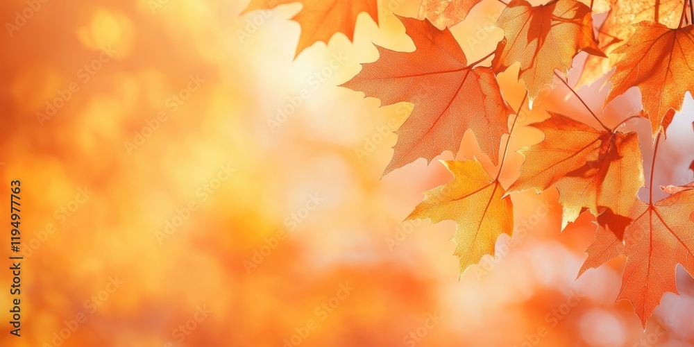 Vibrant orange maple leaves against a warm blurred background with ample copy space on the right for text or overlay elements