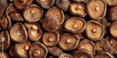 Close-up of dried shiitake mushrooms in varying shades of brown arranged tightly together highlighting their intricate gills and textures