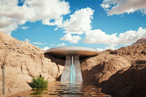 Futuristic structure emerges from rocky landscape, water cascadi photo