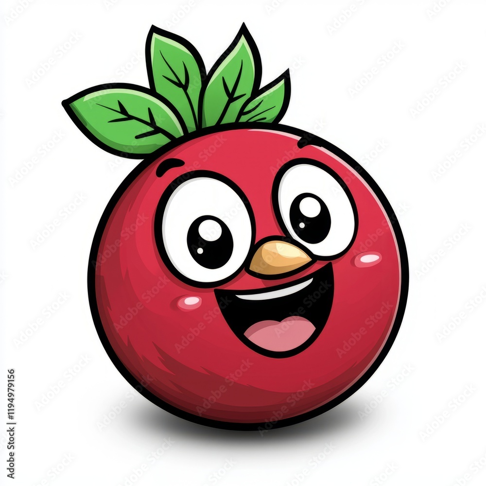 Obraz premium Happy Cartoon Red Fruit With Green Leaves