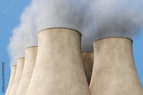 Cluster of cooling towers of a nuclear power plant emitting smoke under blue sky. Illustration of the concept of energy crisis, nuclear fission and clean energy