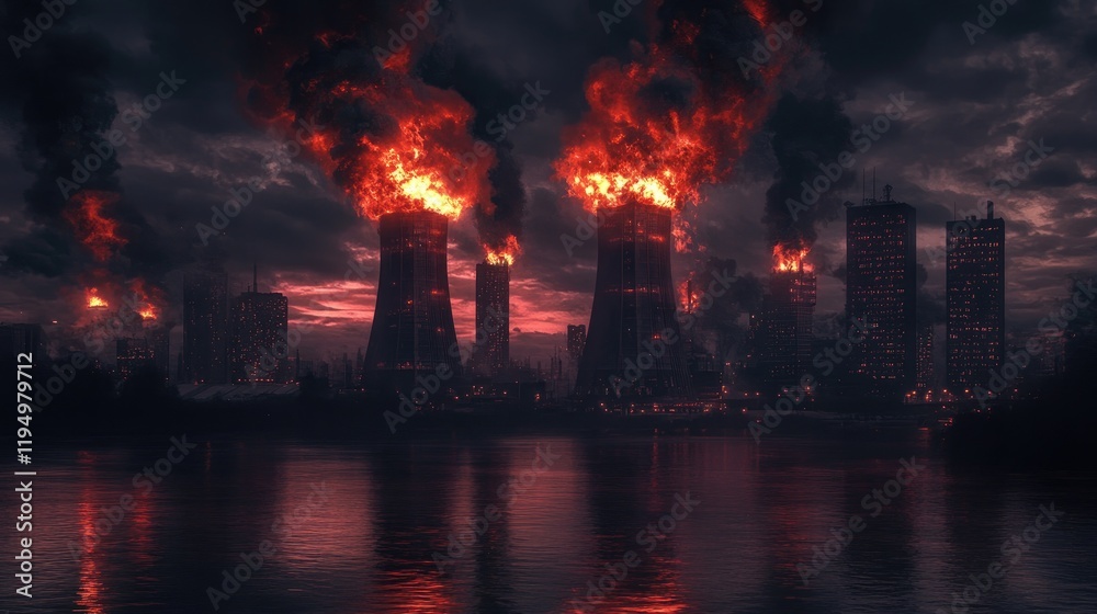 Obraz premium A dramatic scene of three cooling towers emitting flames, set against a darkened city skyline, evoking themes of industrial disaster and environmental concern.