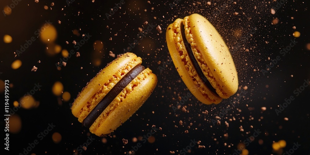 Fototapeta premium Two vibrant yellow French macaroons floating mid-air amid a flurry of chocolate dust against a dark backdrop ideal for food promotions