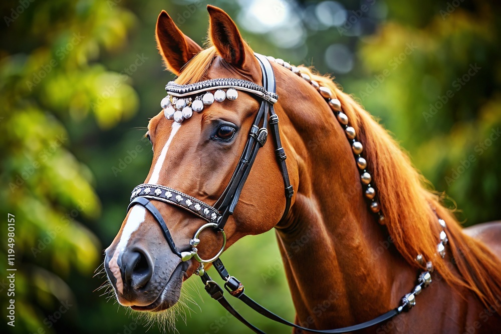 Obraz premium Chestnut Budyonny Gelding Dressage Horse Portrait, Black Leather Bridle, Handmade Browband