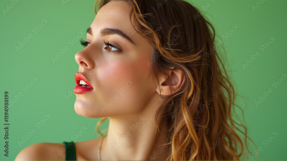 Fototapeta premium Confident woman with wavy hair poses against a vibrant green backdrop highlighting her makeup and profile features