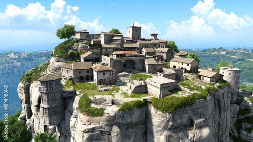 A picturesque village atop a rocky hill under a clear blue sky.