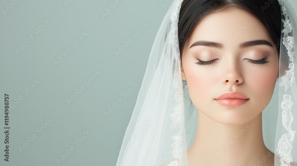 Fototapeta premium Bride with closed eyes wearing a delicate lace veil against a soft pastel background Close-up portrait for wedding celebration and design