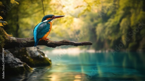 A colorful kingfisher perched on a branch overhanging a crystal-clear stream