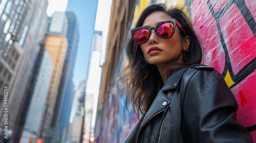 model in a stylish leather jacket and oversized sunglasses, striking a confident pose, standing on a busy city street photo