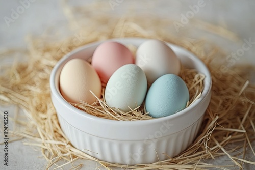 Delicate pastel eggs nestled in white bowl, surrounded by straw, photo