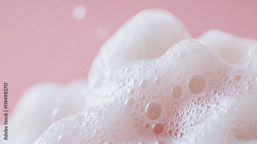 Fototapeta premium Close-Up Macro Photo of Soap Foam and Bubbles on a Pink Background: Banner with Copy Space for Laundry, Cleaning Services, Beauty, and Skin Care Concepts